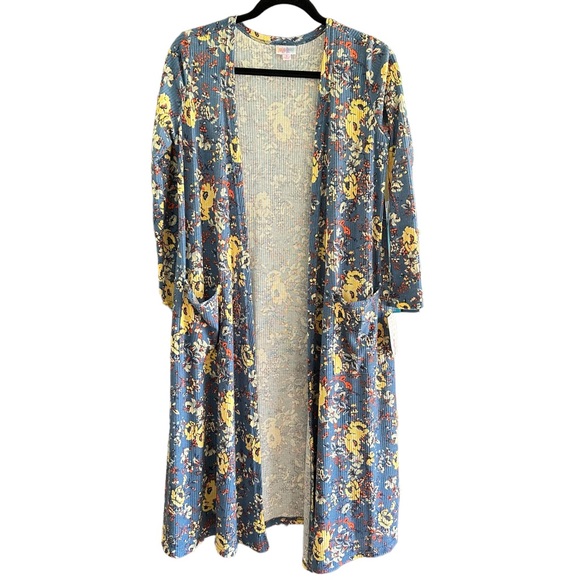 LuLaRoe Sarah Dusty Blue Floral Open Cardigan Duster Sweater with Pockets Sz S - Picture 1 of 9